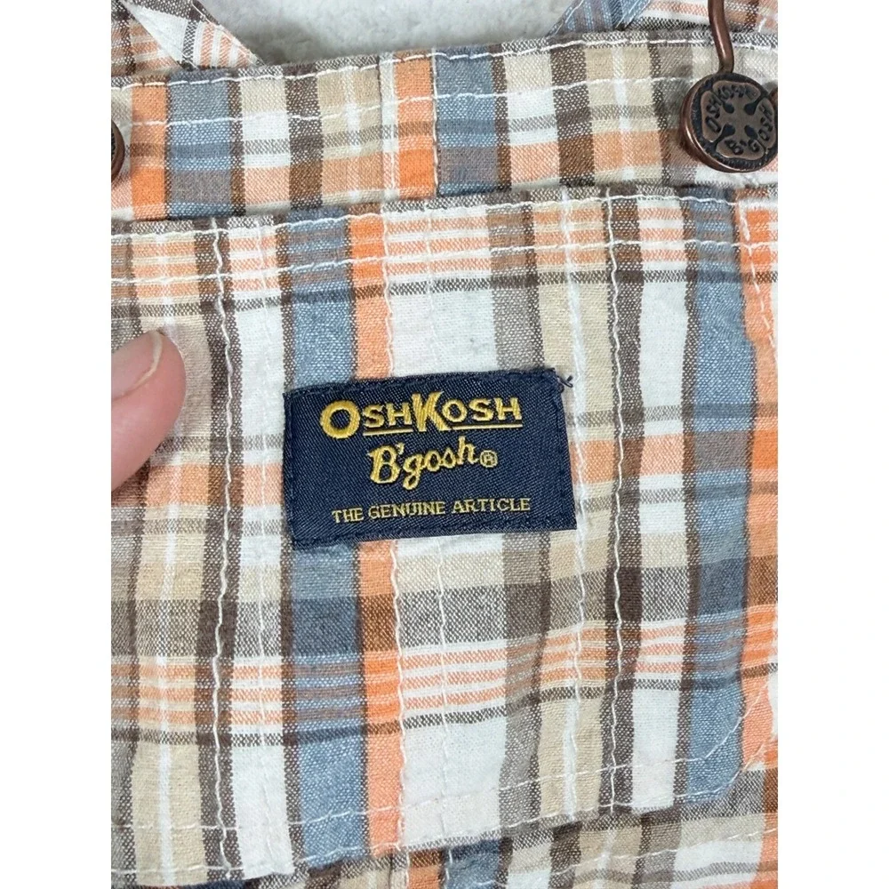 OshKosh B'gosh Baby Boy Plaid Shortall Overalls Size 6 Months Orange Blue Cotton